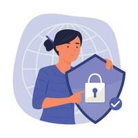 Woman Holding Digital Security Shield with Padlock Symbol for Cyber Security Concept Illustration vector