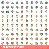 100 dessert icons set, color line style vector