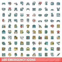 100 emergency icons set, color line style vector
