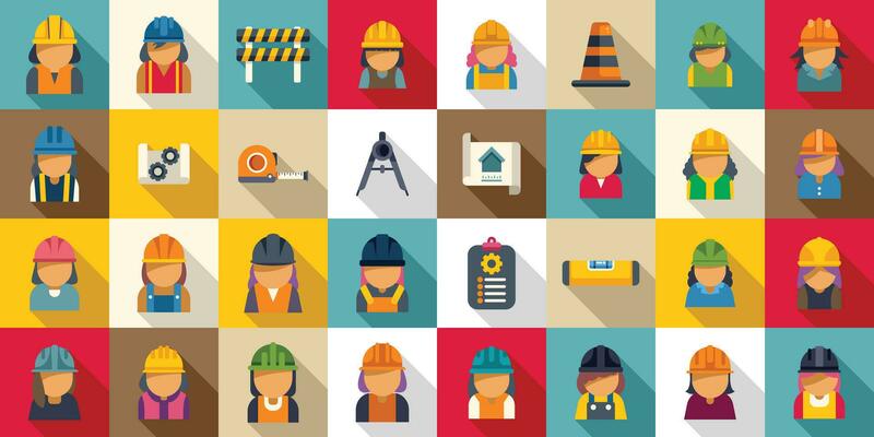 Female construction engineer icons set flat vector. Worker architect
