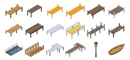 Wooden pier icons set isometric vector. Sea water boat vector