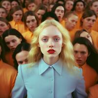 AI generated Young lonely woman in the crowd, created with generative AI photo