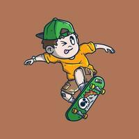 Cartoon vector illustration of Cute Skater do the ollie trick. Skateboard mascot illustration