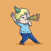 Cute cartoon illustration of Happy boy blowing trumpet in New Year Eve Party. New Year Eve Party Vector Illustration