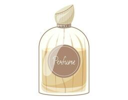 Glass elegant bottle of fragrant perfume. Vector isolated cartoon yellow eau de parfum.