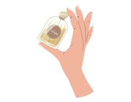 Elegant female hands with manicure holding a glass yellow bottle of perfume. Vector isolated fashion illustration, fragrant eau de parfum.