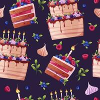 Seamless pattern with a cake decorated with cream, berries, a candle and a sparkler. Background with birthday cake. Festive texture for wrapping paper, cards, fabric, wallpaper. vector