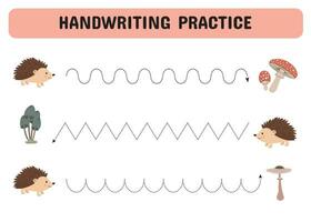 Tracing lines for children. Handwriting practice with hedgehogs and mushrooms. Educational game for preschool kids. Printable Page worksheet. Vector illustration.
