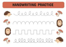 Tracing lines for children. Handwriting practice with hedgehogs and mushrooms. Educational game for preschool kids. Printable Page worksheet. Vector illustration.