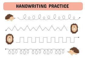 Tracing lines for children. Handwriting practice with hedgehogs and mushrooms. Educational game for preschool kids. Printable Page worksheet. Vector illustration.