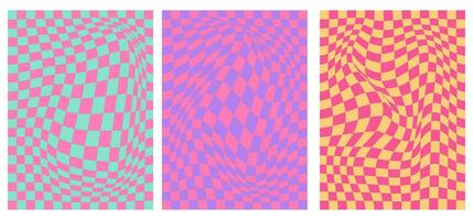 Groovy hippie 70s vector backgrounds set. Chessboard pattern. Wavy vector texture in trendy retro psychedelic style.