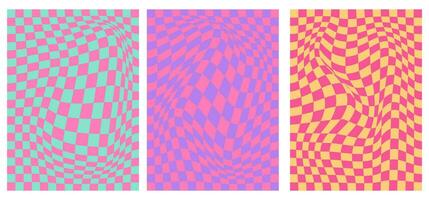 Groovy hippie 70s vector backgrounds set. Chessboard pattern. Wavy vector texture in trendy retro psychedelic style.