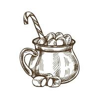 Hand-drawn sketch of hot drink with marshmallows and candy cane in a mug. Hot chocolate, cocoa. Vector food drawing. Traditional Christmas dessert. Vintage cozy seasonal holidays.