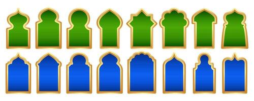 Ramadan frame shapes set. Vector door and windows arch with Islamic design. Muslim oriental gate. Indian vintage arcs with traditional ornament. Architecture elements and stickers