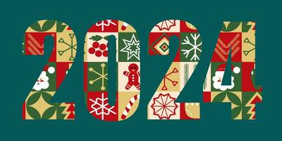 Merry Christmas greeting card. Christmas Scandinavian geometric pattern. Christmas characters Santa, tree, garland, sock, decoration, snowflake. Vector illustration.