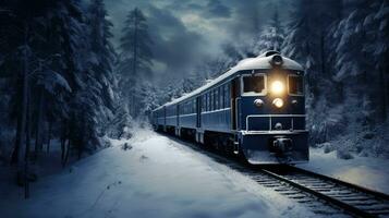 ai generado vapor locomotora tren en un Nevado paisaje foto