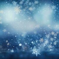 AI generated Winter forest with snowflakes and bokeh effect background photo