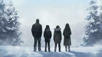 AI generated Happy family walking in winter forest. Winter season background. photo