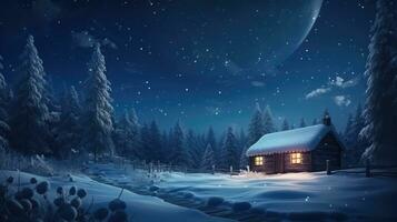 AI generated Fairytale winter landscape with wooden house and mountain lake at night photo