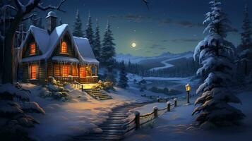 AI generated Fairytale winter landscape with wooden house and mountain lake at night photo