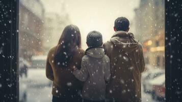 AI generated back view of family looking at city street in winter with snowfall photo