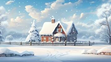 AI generated Beautiful Winter landscape with house snowfall photo
