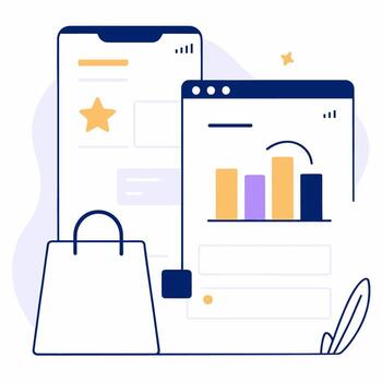 Two devices with chart and rating of an application on screens, bag. Flat vector illustration.