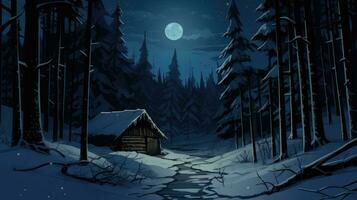 Wooden house in winter forest at night photo