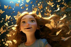 AI generated Cartoon style happy girl surrounded with butterflies photo