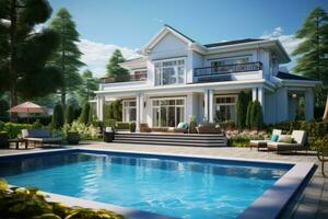 AI generated house front view with swimmin pool real estate photo