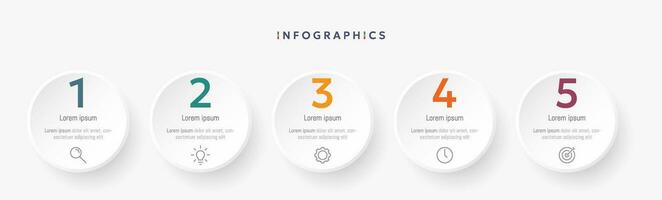 Infographic template with 5 circle options for presentation and data visualization. Business process chart. Diagram with Five steps to success vector