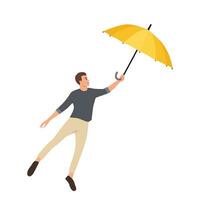 Ventoso día y hombre moscas con sombrilla. hombre con un paraguas ido con el viento. vector