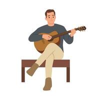 Young Man Sitting on High Chair Playing Acoustic Guitar. vector