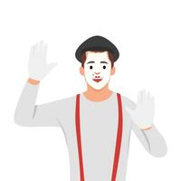 Mime cartoon character performing pantomime called Behind the wall. Flat style. vector