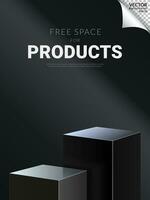 Two modern black color podium minimal free space for products on black background. Vector Illustration