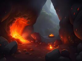 AI generated dark red cave with fire in night photo