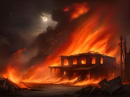 AI generated burning house on a fire background photo