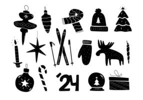 Xmas set with different elements. Winter clothes, Christmas tree and ornaments. Holidays decoration. Simple black and white vector illustration.
