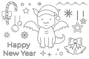 Christmas objects set. Line vector illustration. Drawing of little dragon in New Year hat. Holiday decoration, Christmas bells, candy cane, stars and snowflakes. Happy New Year greeting text design.