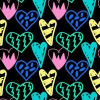 Hearts graffiti seamless pattern. Vector illustration of multicolored silhouettes of hearts with different patterns. Hand drawn doodle style.