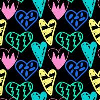 Hearts graffiti seamless pattern. Vector illustration of multicolored silhouettes of hearts with different patterns. Hand drawn doodle style.