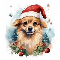 AI generated Generative AI, cute dog animal, pet in Christmas hat and ugly sweaters, watercolor style. photo