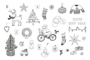 New Year winter line vector illustrations set.