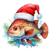 AI generated Generative AI, cute aquarium fish animal, pet in red Christmas hat, watercolor style. photo