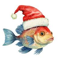 AI generated Generative AI, cute aquarium fish animal, pet in red Christmas hat, watercolor style. photo