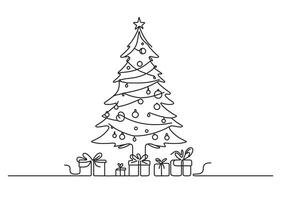Christmas Tree with gift boxes vector art work continuous line drawing illustration editable stroke greeting card