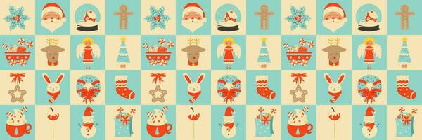 Seamless pattern with Christmas elements. Repeatable pattern tile design for winter holidays in retro style. For wrapping paper, wallpaper, textile, poster background. Vector illustration.