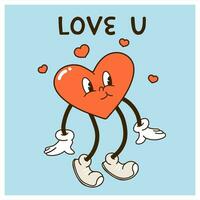 Valentines day greeting card with groovy heart character vector