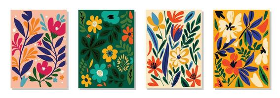 Set of 4 botanical wall art posters, brochure, flyer templates, covers, contemporary collage. Organic shapes, summer bright line abstract floral pattern, hippie style, naive groovy vector