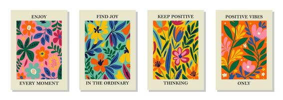 Set of 4 botanical wall art posters, brochure, flyer templates, contemporary collage. Organic shapes, line floral pattern with positive motivational, inspirational quotes. vector